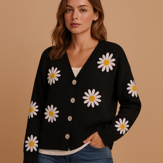 Elegant Women’s Knitted Vest with Floral Design and Buttons – Soft and Cozy Autumn Layering Available in Blue, Black, and Gray