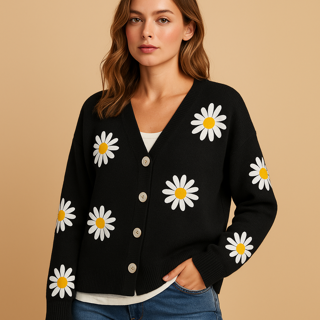 Stylish Knitted Women's Vest with Flower Pattern and Button Closure – Soft Autumn Layering in Blue, Black, Gray 2