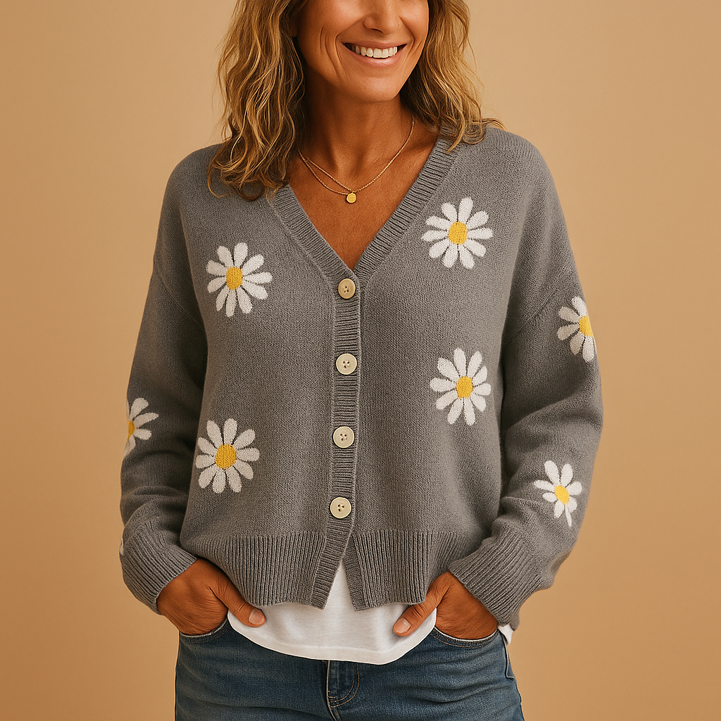 Stylish Knitted Women's Vest with Flower Pattern and Button Closure – Soft Autumn Layering in Blue, Black, Gray 4